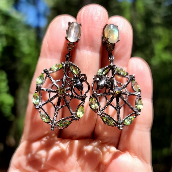 Peridot Labradorite citrine gemstone sterling 🕸 spiderweb earrings - Picture 6 of 12